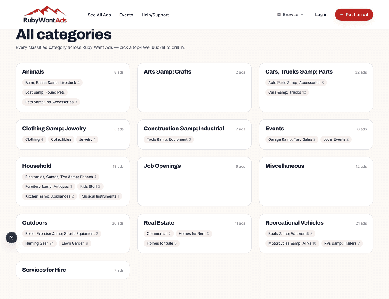 Browse-all-categories page with cards for every classified category