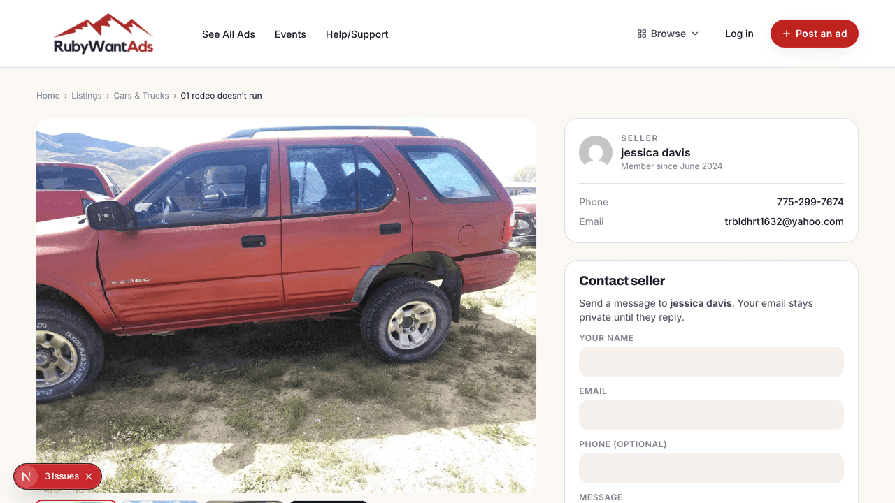 Single listing page with image gallery, price, and contact seller form