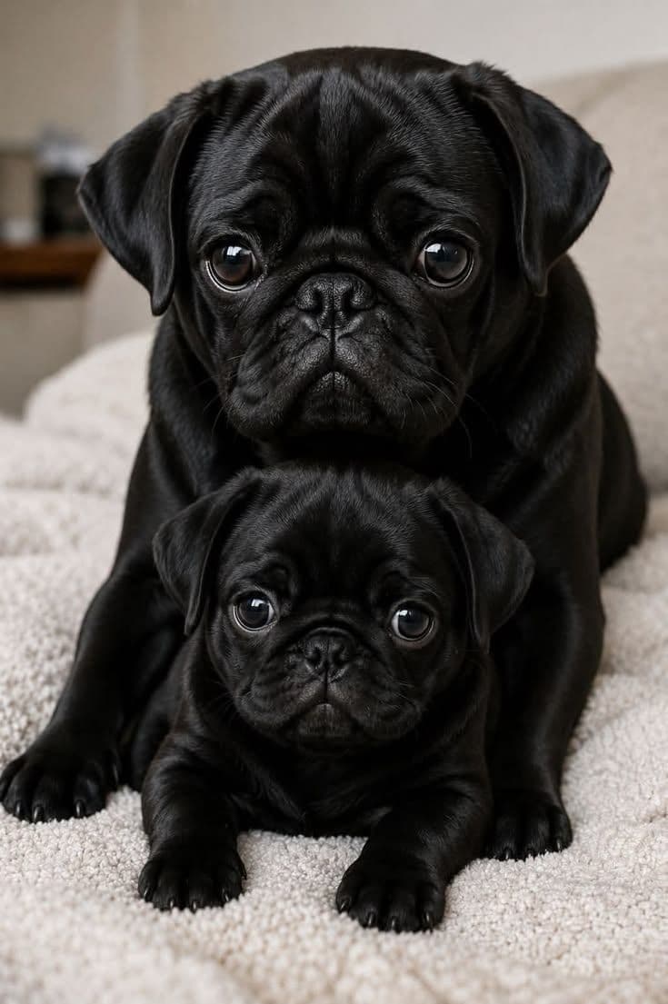 Black and fawn pugs