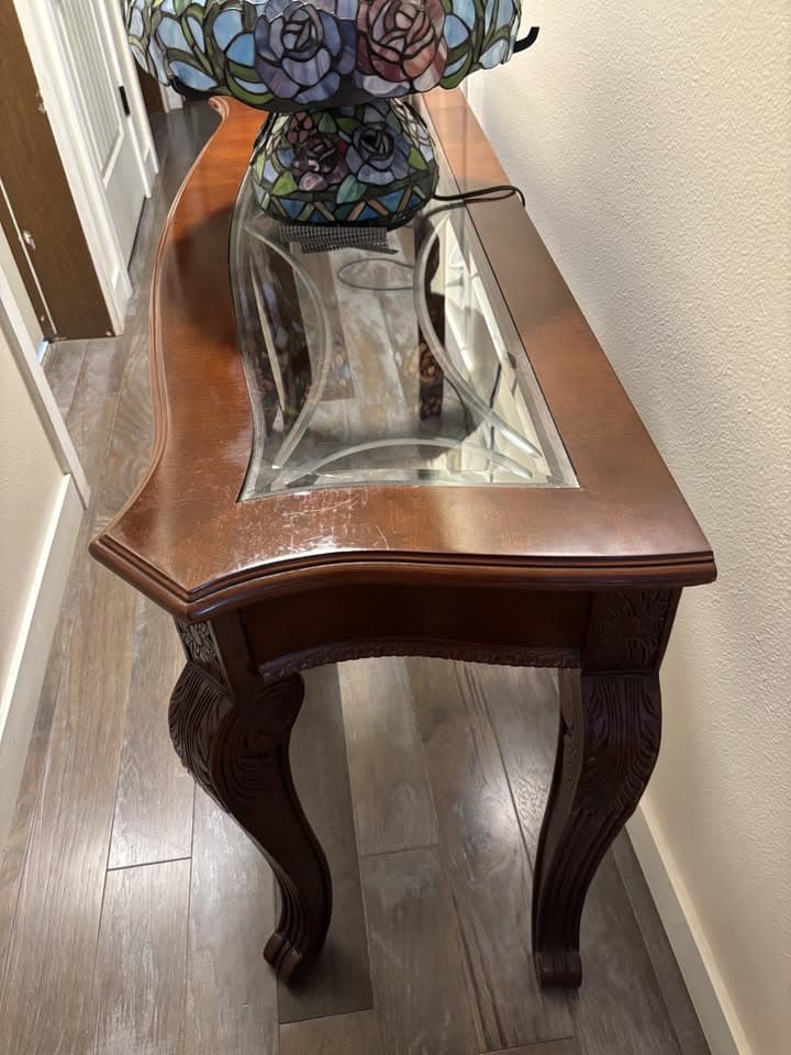 Traditional Wood Console Table with Glass Inlay