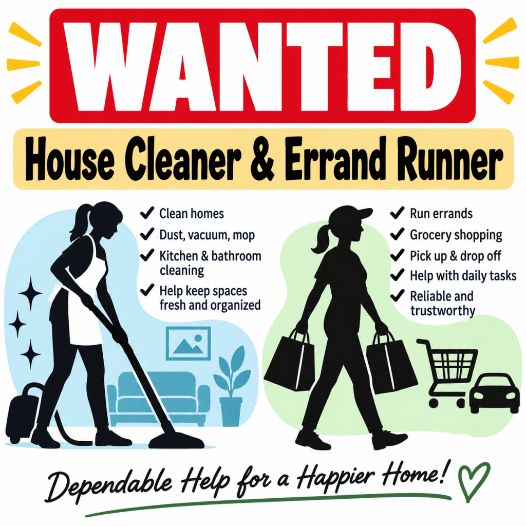 HELP WANTED – HOUSE CLEANER / ERRAND RUNNER