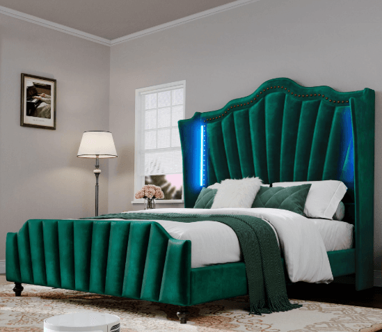 Queen Size Green Velvet Bed with LED lights Almost New